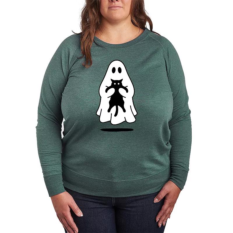 Plus Size Ghost Holding Black Cat French Terry Long Sleeve Tee, Womens Product Image