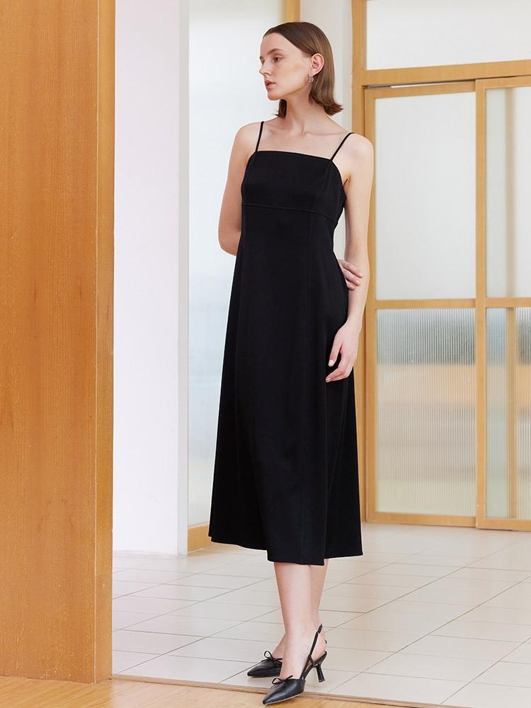 Black Triacetate Spaghetti Strap Midi Dress Product Image