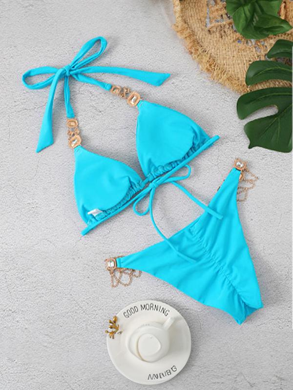 Solid Gem Engraved Halter Tie Back Bikinis Product Image