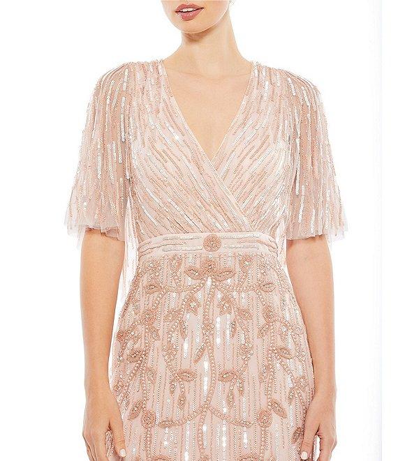 Mac Duggal V-Neck Capelete Sleeve Beaded A-Line Gown Product Image