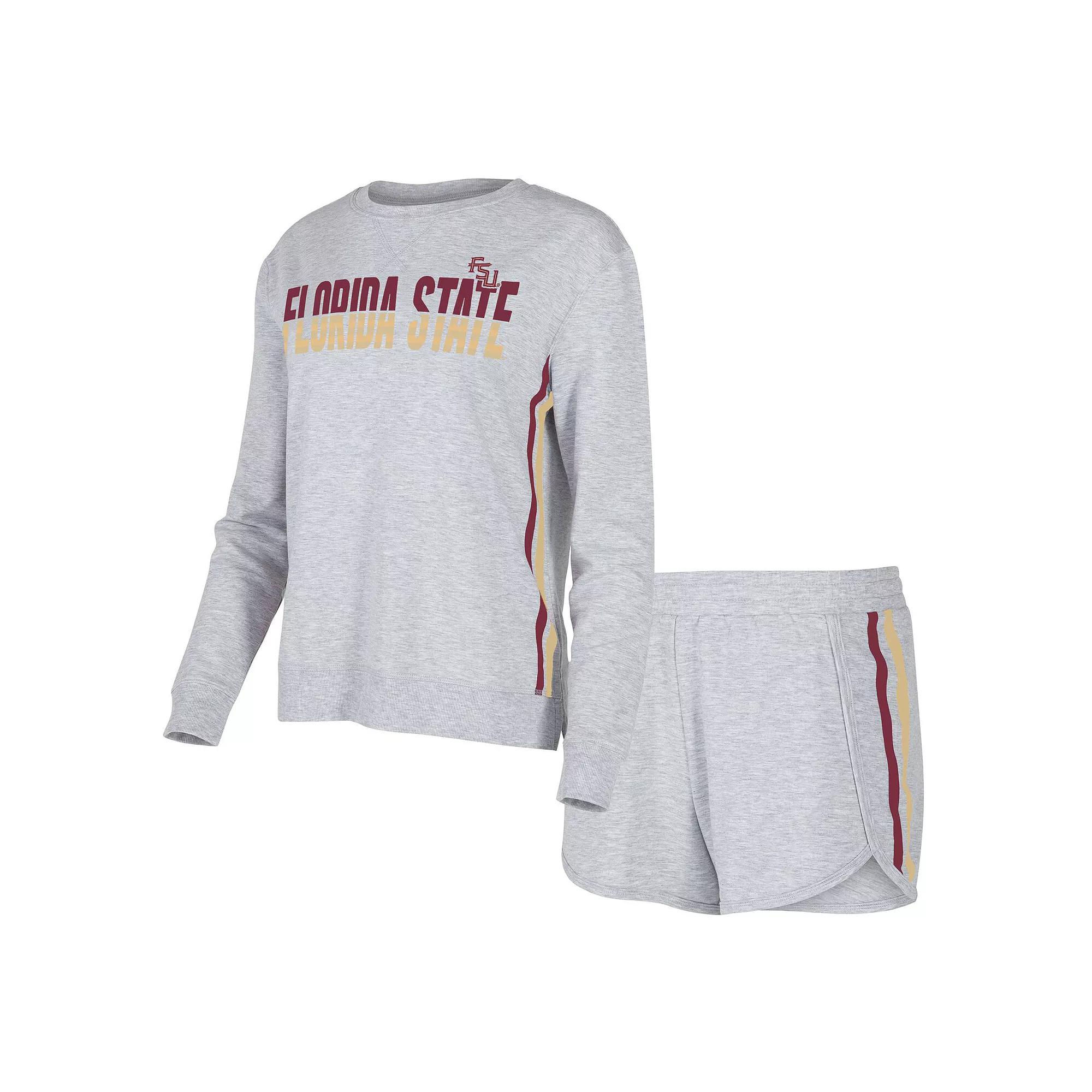 Women's Concepts Sport Gray Florida State Seminoles Cedar Tri-Blend Long Sleeve T-Shirt & Shorts Sleep Set,  Product Image