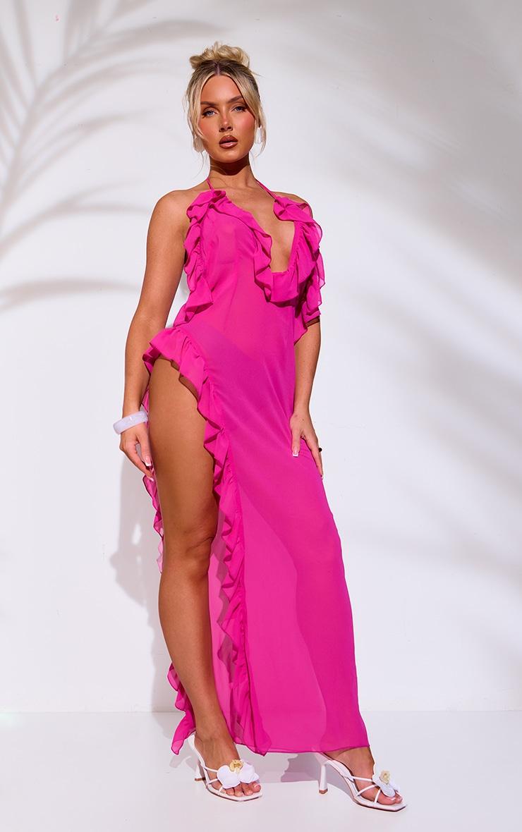Pink Frill Chiffon Maxi Beach Dress Product Image