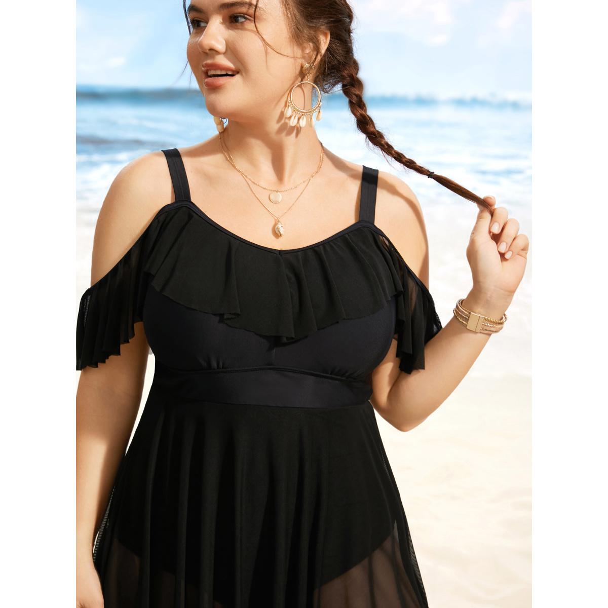 Plus Size Solid Ruffle Trim Patchwork Mesh Swim Dress Women's Swimwear Black Beach Bodycon Heart neckline High stretch Curve Swim Dresses BloomChic 26/4X Product Image