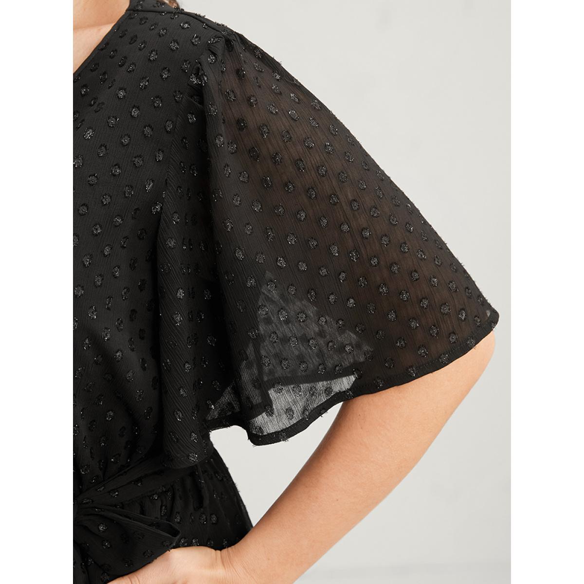 Plus Size Glitter Polka Dot V Neck Pocket Belted Ruffles Hem Dress Black Women Glamour Asymmetrical V-neck Short sleeve Curvy Midi Dress BloomChic 30/6X Product Image