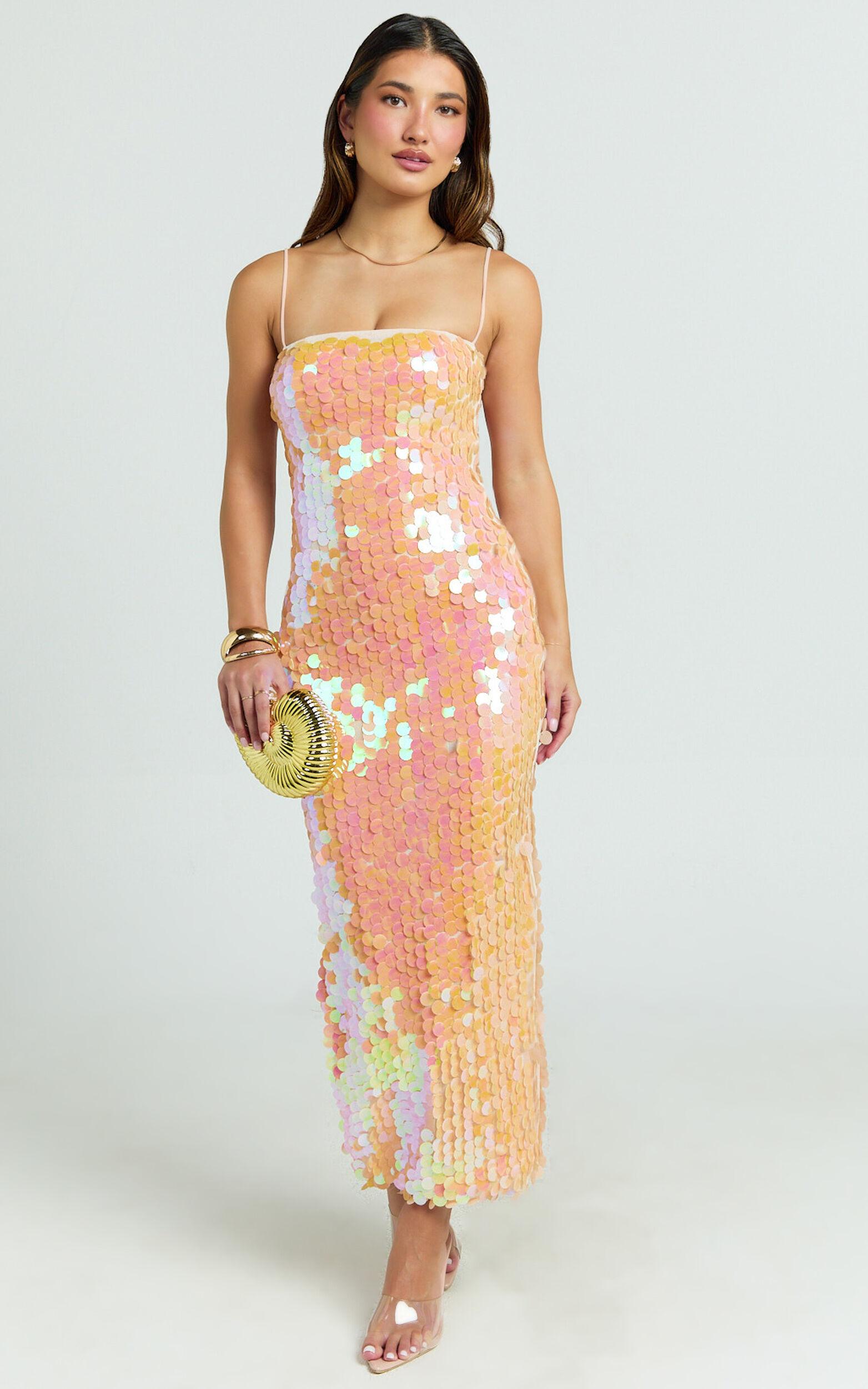 Casey Midi Dress - Square Neck Sequin Bodycon Dress in Peach Product Image