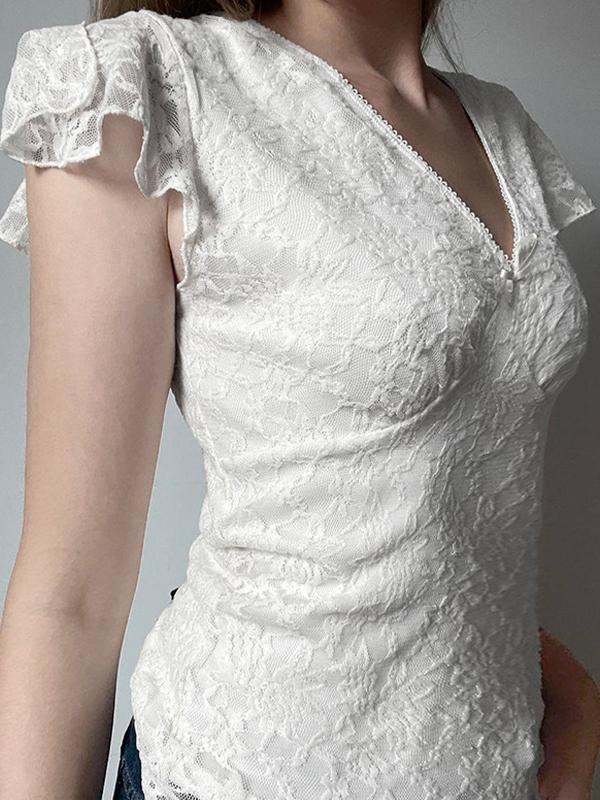 V Neck Lace Short Sleeve Tee Product Image