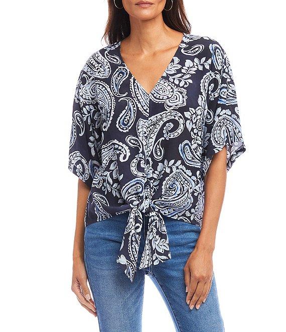 Karen Kane Paisley V-Neck Flutter Sleeve Tie Front Top Product Image