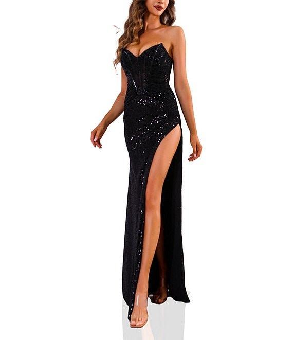 Terani Couture Pointed Sweetheart Neck Corset Bodice Side Slit Sequined Tulle Column Gown Product Image