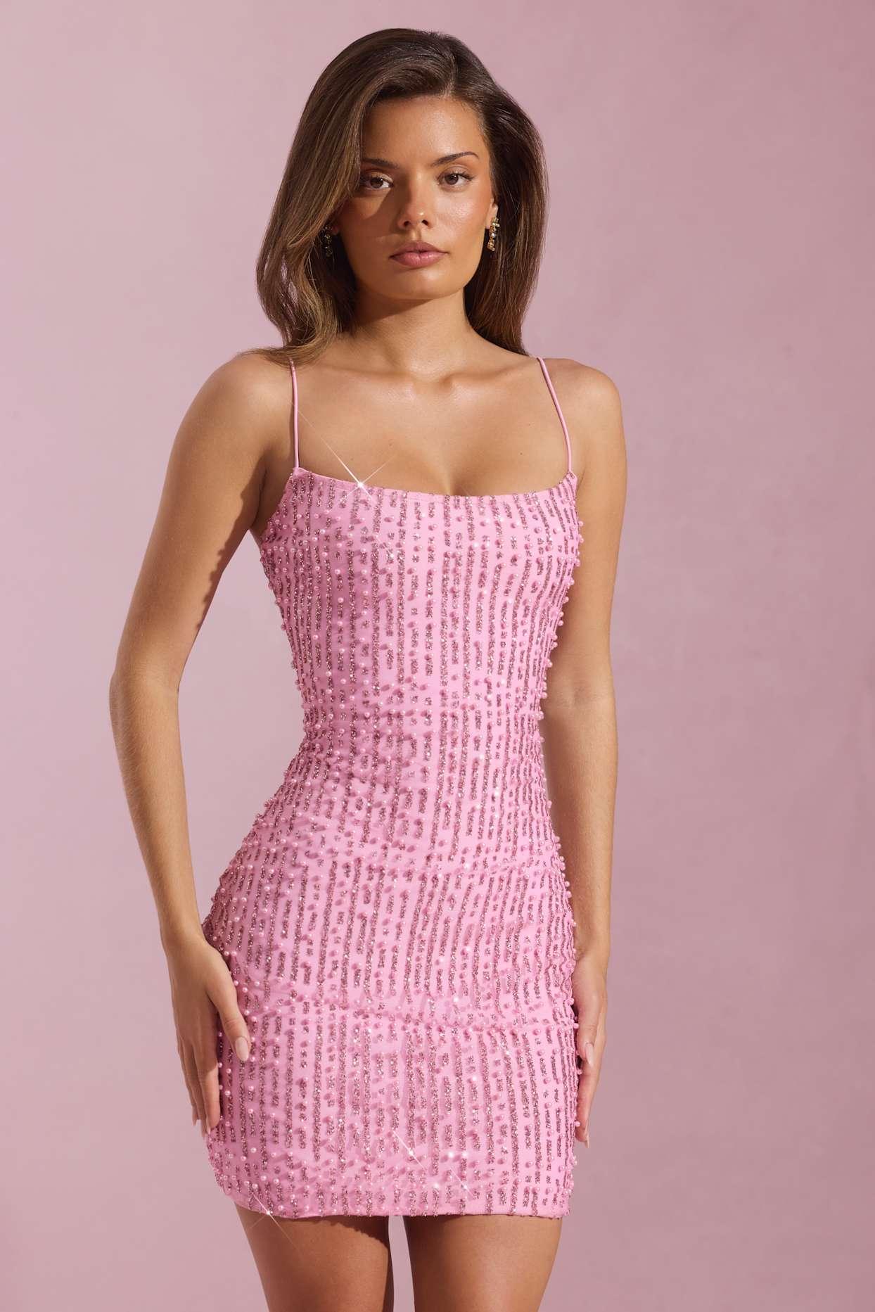 Embellished Scoop-Neck Bodycon Mini Dress in Pink Product Image