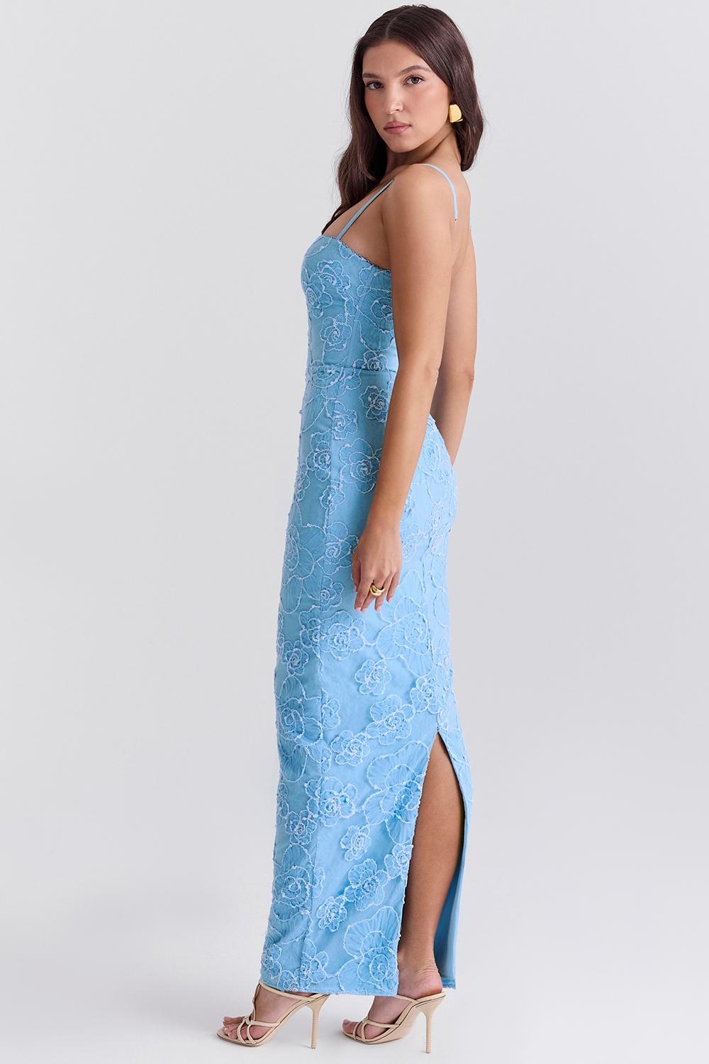 Eva  tuscan blue embroidered floral maxi dress Product Image