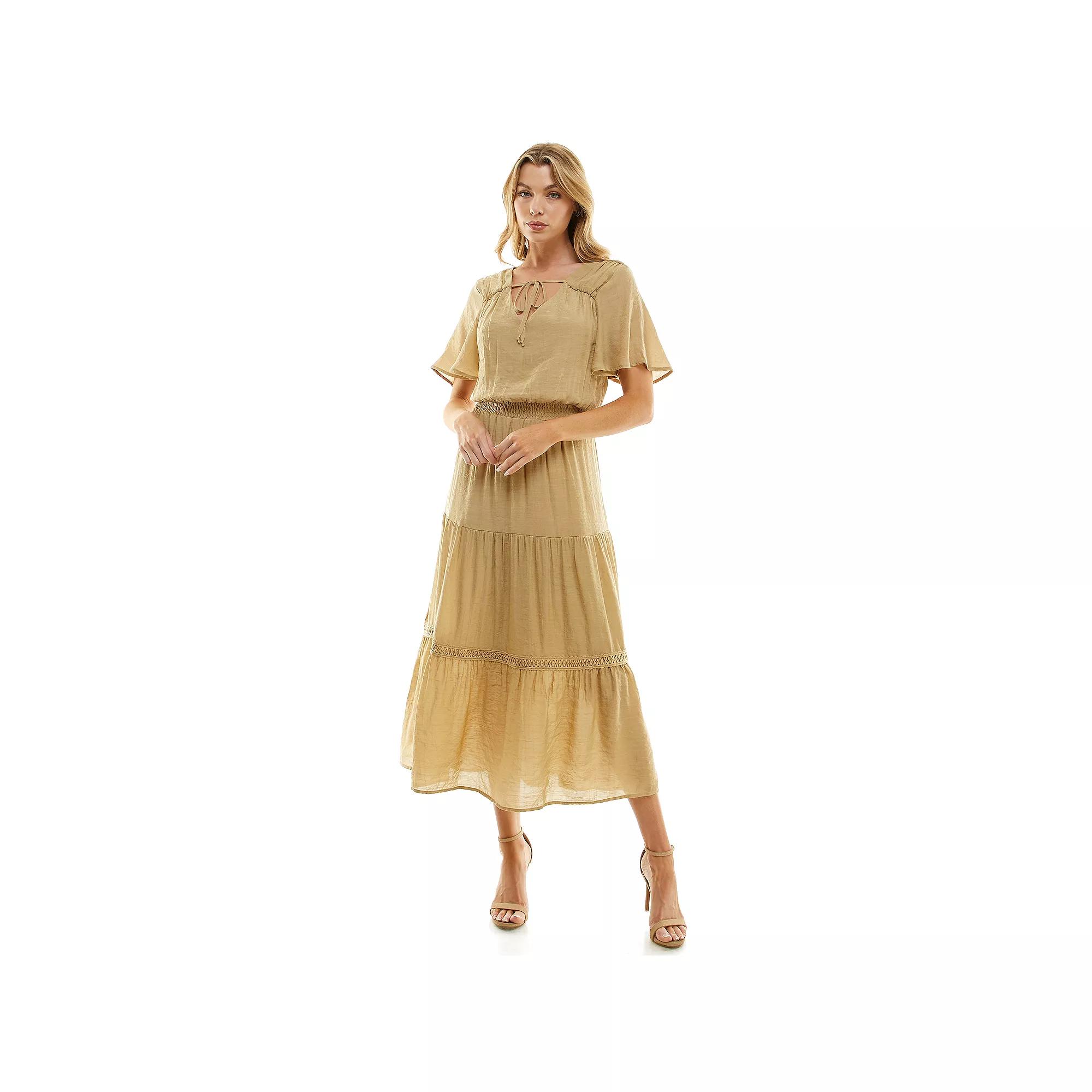 Women's Luxology Tie-Front Tiered Midi Gauze Dress, Size: Medium, Brown Product Image