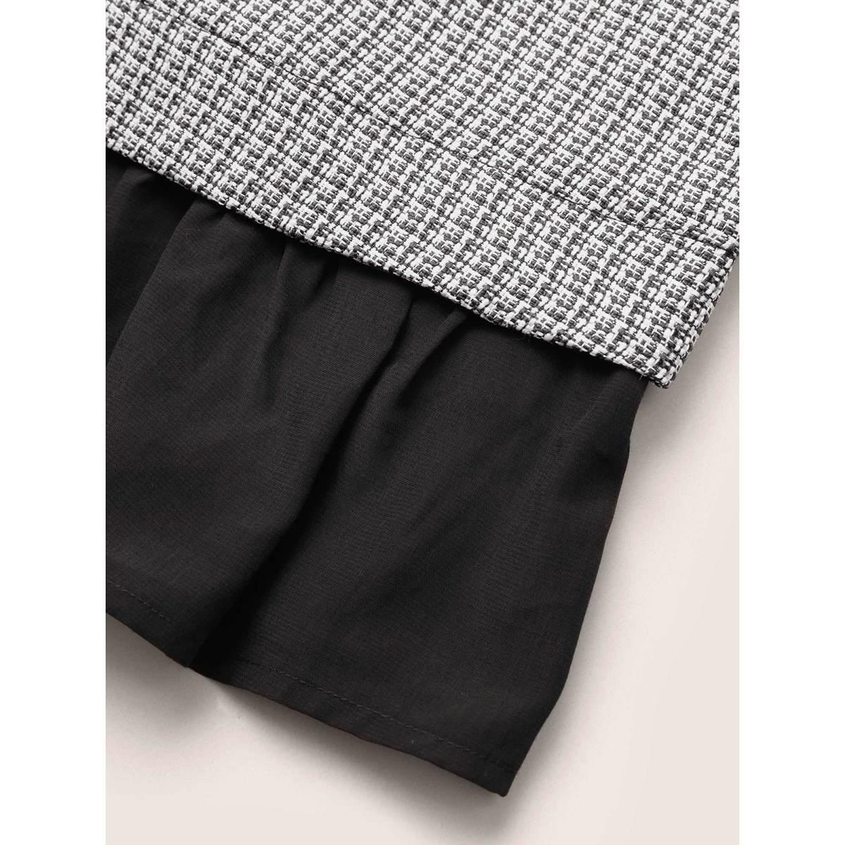 Plus Size Black Tweed Patchwork Ruffle Hem Blouse Women At the Office Short sleeve Round Neck Work Blouses BloomChic 18-20/2X Product Image