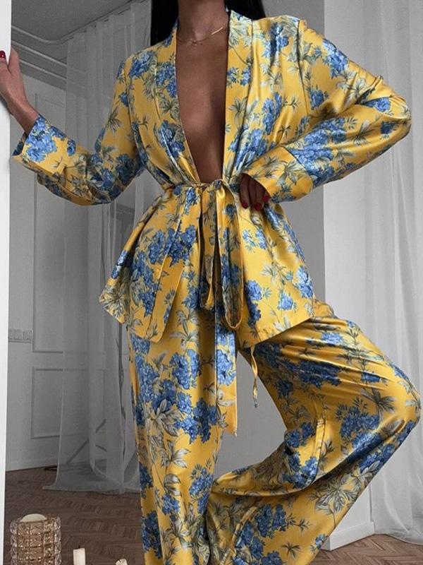 Loose Printed Split-Joint Deep V-Neck Lace-Up Blouse + Drawstring Elasticity Pants Trousers Two Pieces Set Product Image