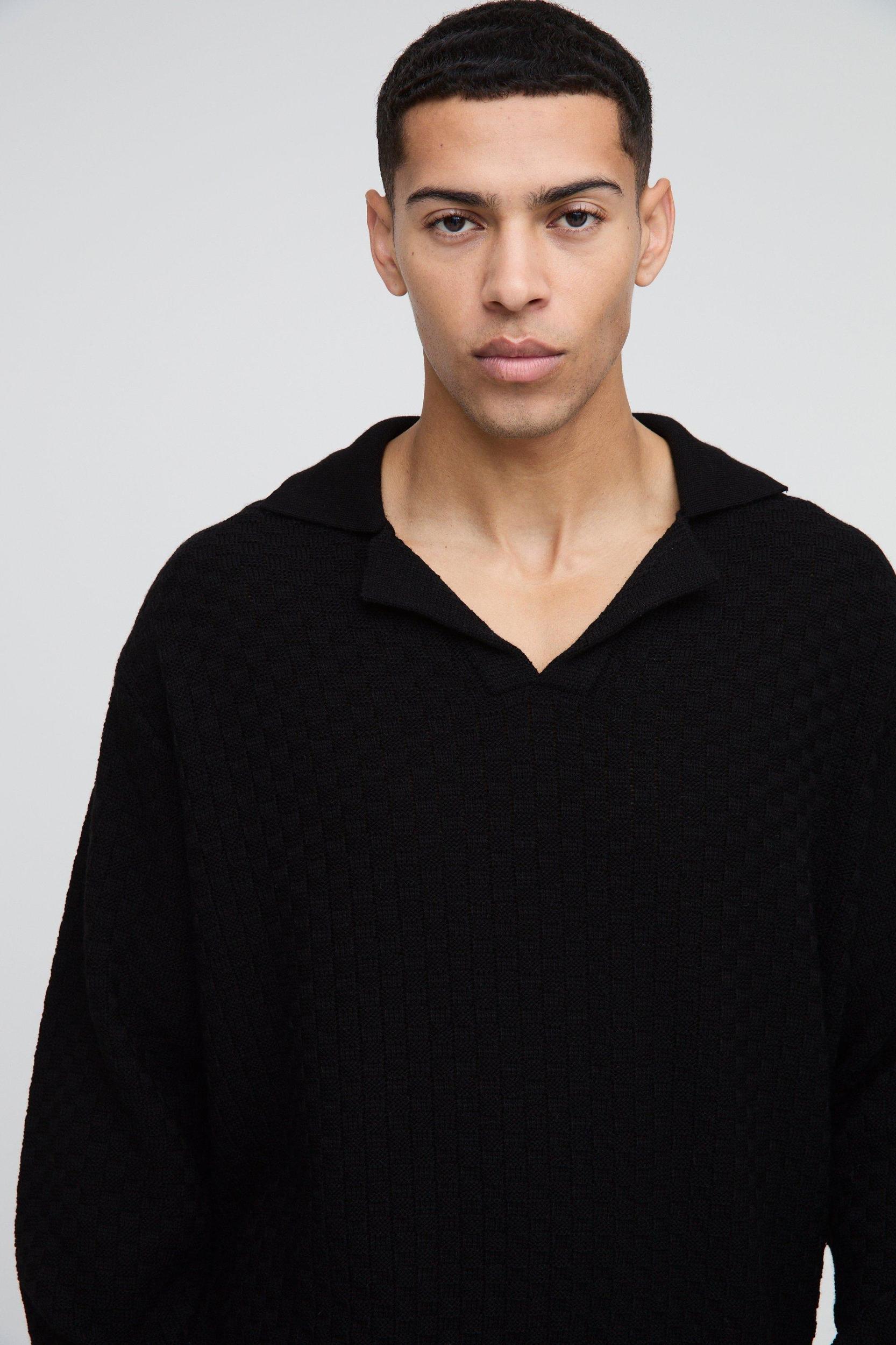 Oversized Boxy Revere Collar Basket Knitted Polo | boohooMAN USA Product Image