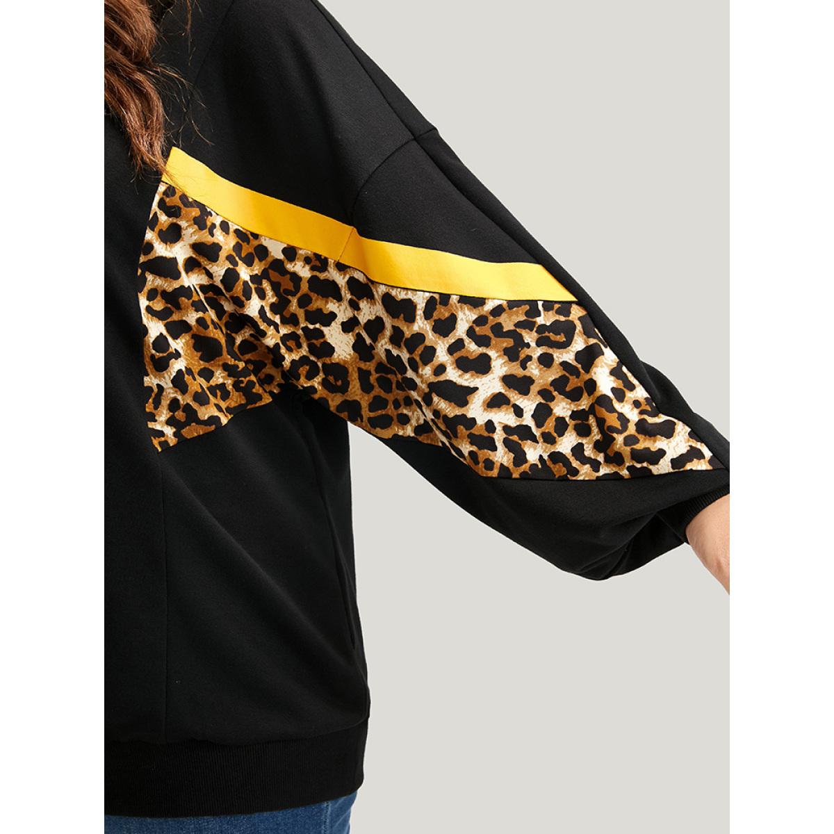 Plus Size Leopard Patchwork Contrast Lantern Sleeve Sweatshirt Women Black Casual Contrast Round Neck Dailywear Sweatshirts BloomChic 10/M Product Image