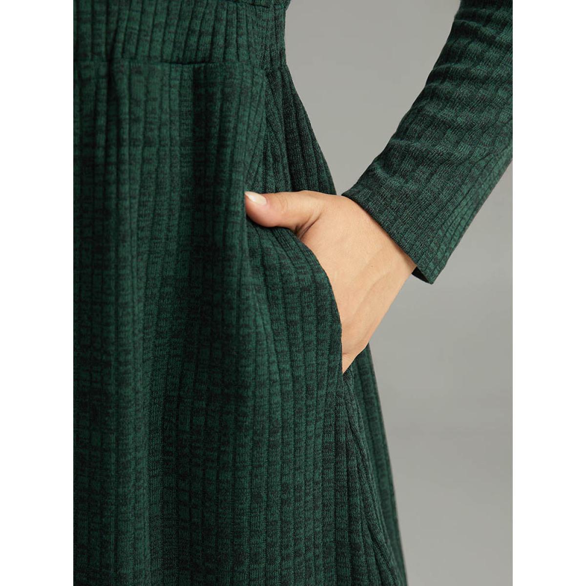 Plus Size Rib Knit Button Detail Pocket Dress DarkGreen Women Casual Plain V-neck Long Sleeve Curvy Midi Dress BloomChic 28/5X Product Image