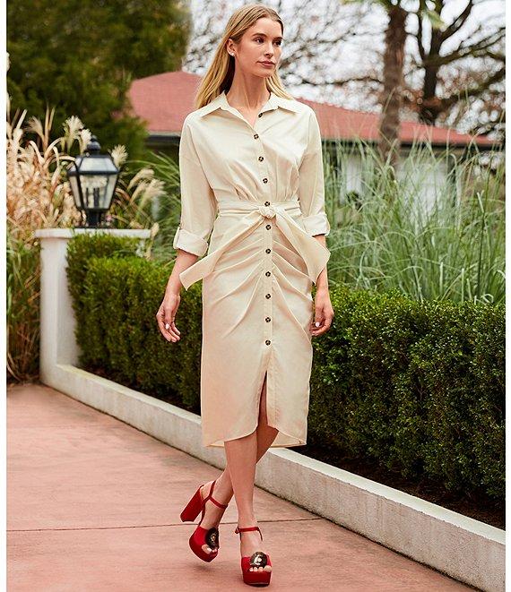 Antonio Melani Roxanne Point Collar Long Sleeve Ruched Tie Waist Button Front Shirt Dress Product Image