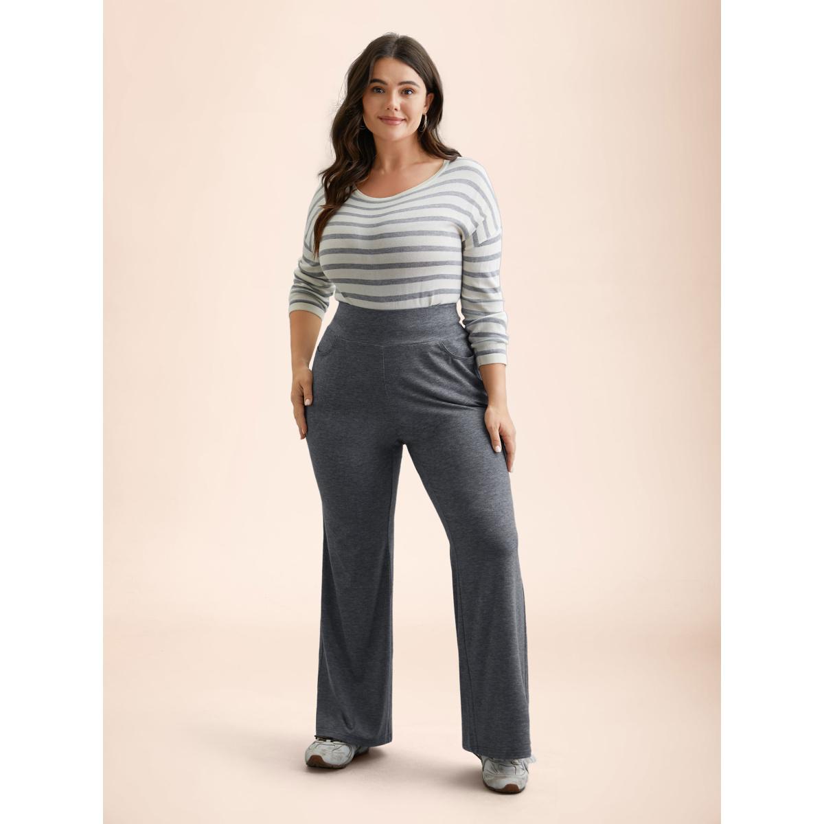 Plus Size Stretchy-Waist Heather Texture Flared Pants Women DarkGray Elegant Medium stretch Bootcut Mid Rise Everyday Leggings BloomChic 22-24/3X Product Image