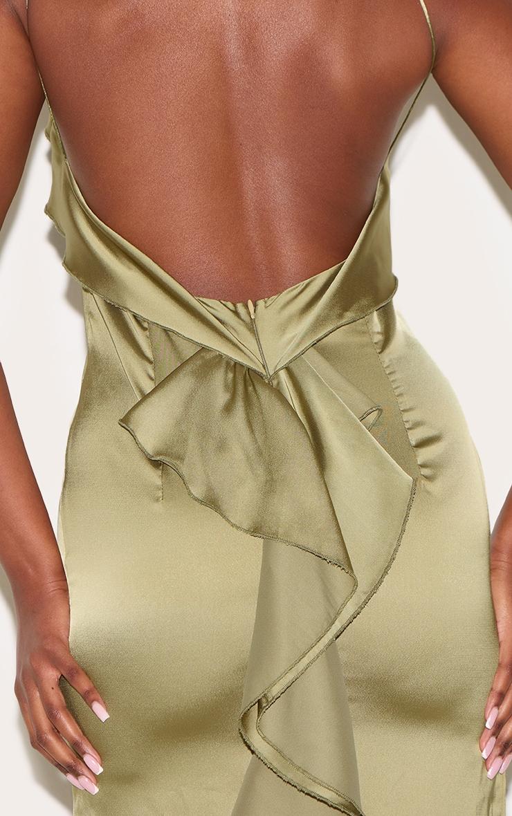 Sage Green Satin Draped Frill Back Detail Maxi Dress Product Image