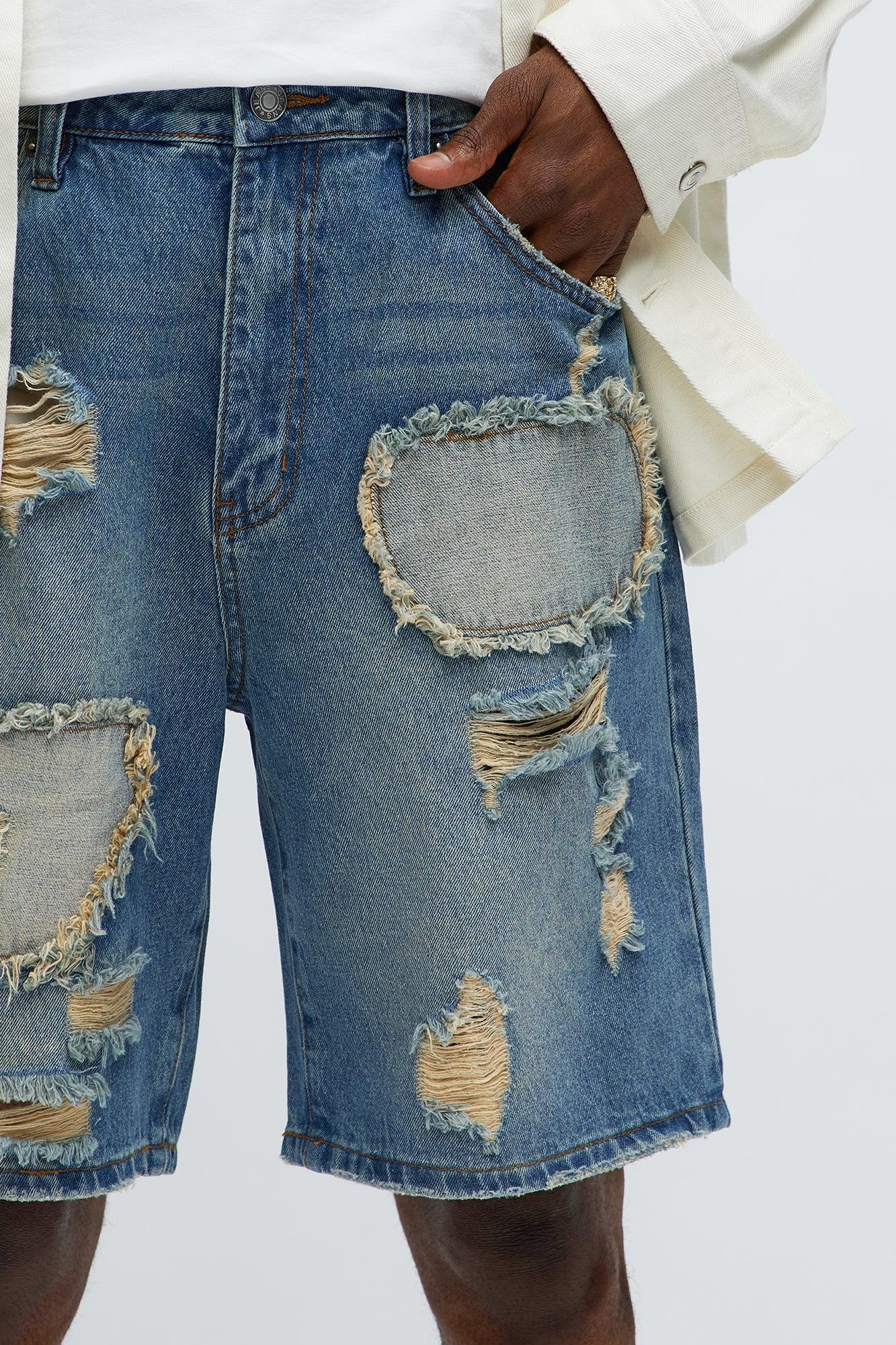 Relaxed Patches With Fray Distressed Denim Shorts - Vintage Blue Wash Male Product Image