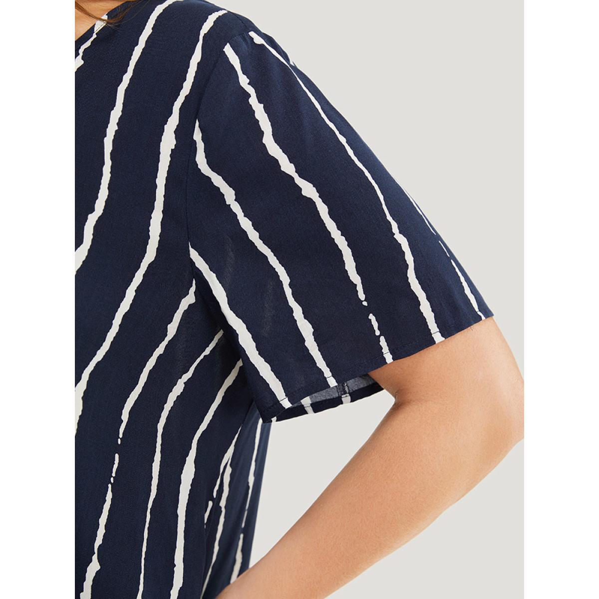 Plus Size Indigo Striped Patchwork Hanky Hem Blouse Women Office Short sleeve Round Neck Dailywear Blouses BloomChic 12/L Product Image