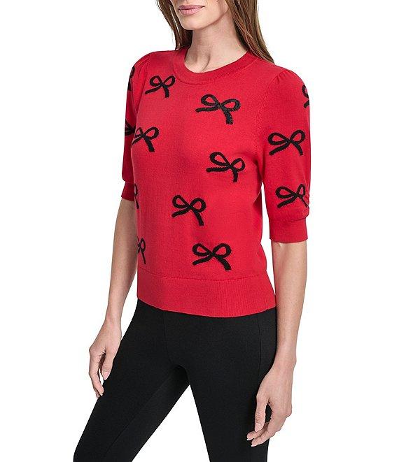 DKNY by Donna Karan Sequin Mini Bow Crew Neck Puff Sleeve Sweater Product Image