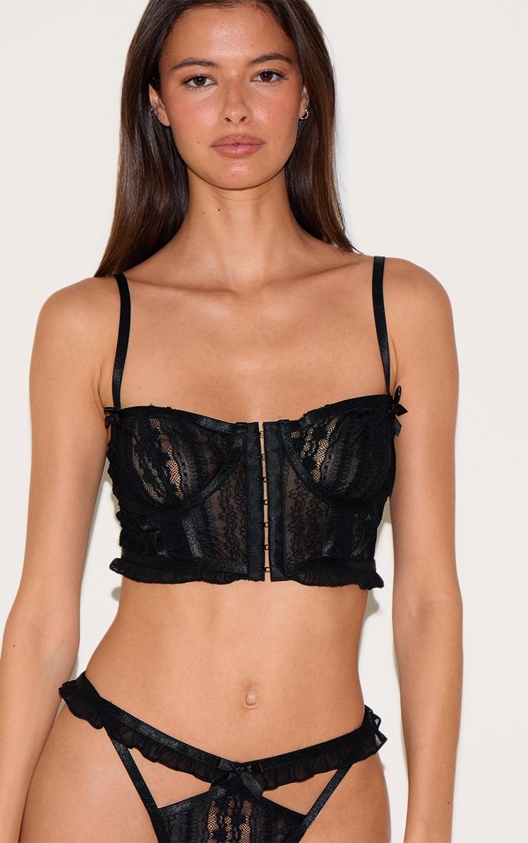 Black Textured Lace Corset Lingerie Set Product Image