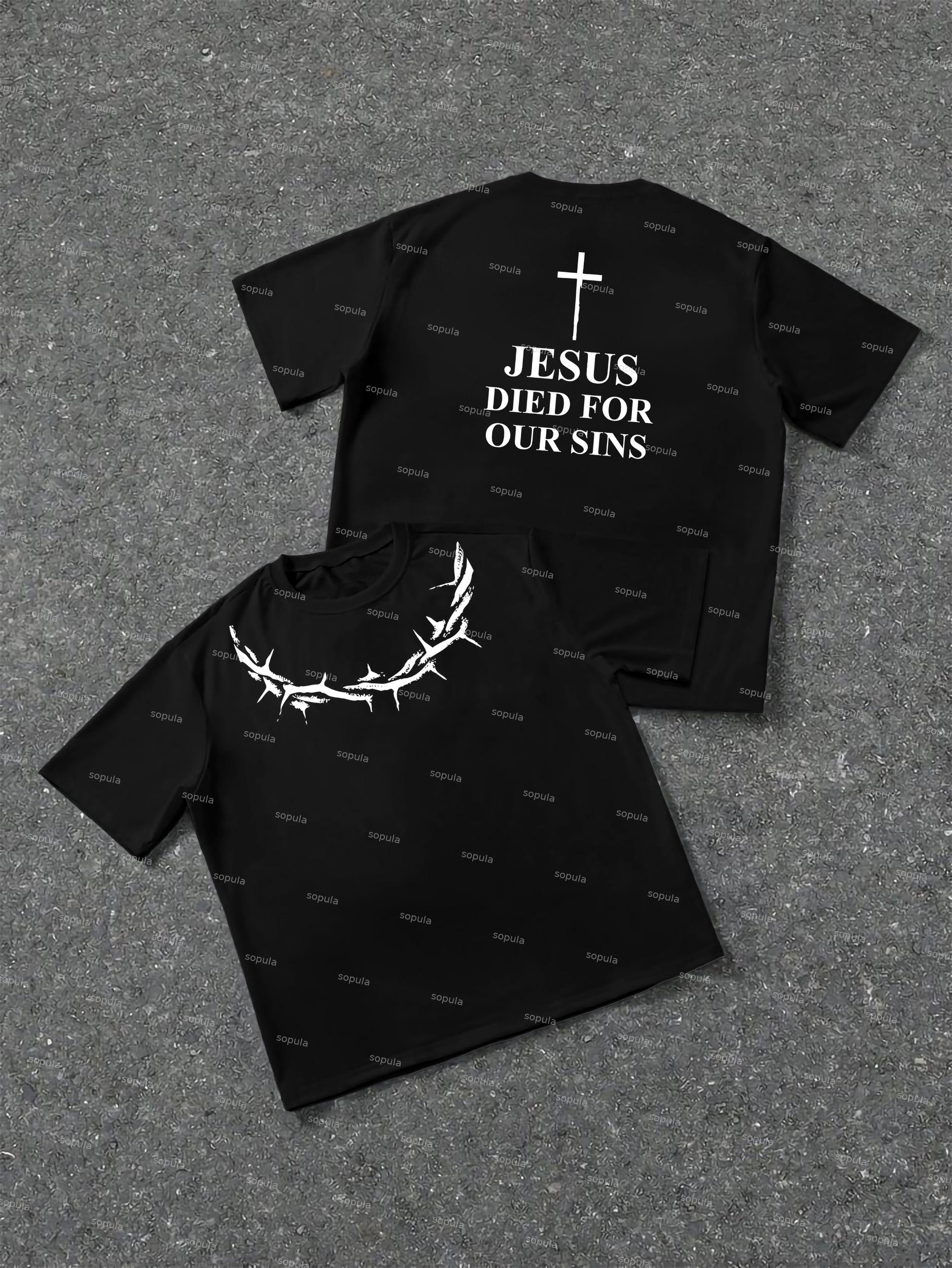 Thorn Neckline Jesus Alphabet Graphic Cotton T-shirt Product Image