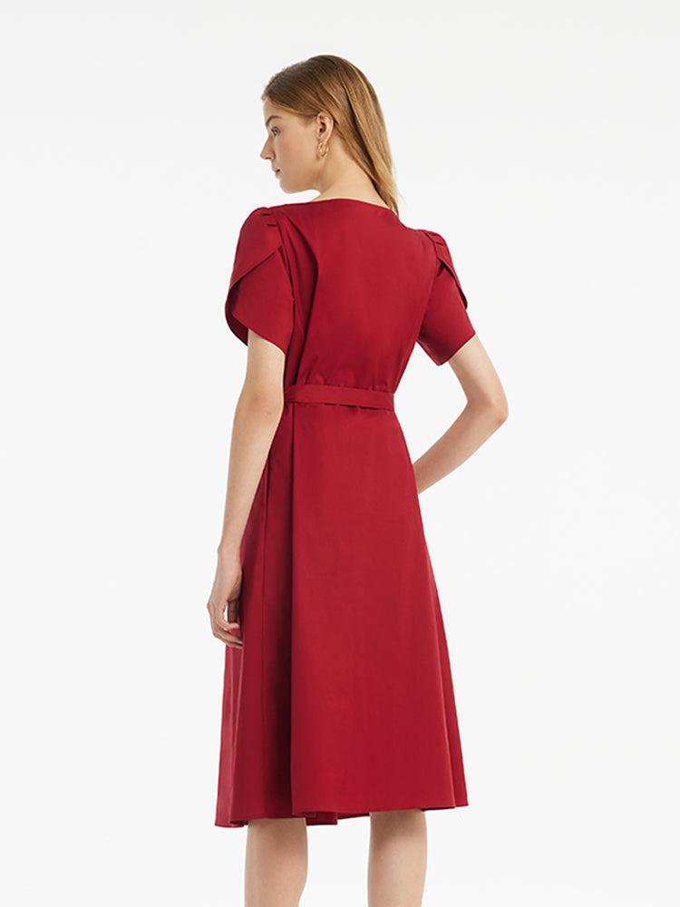 Petal Sleeves Gathered Waist V-Neck Women Midi Dress With Belt Product Image