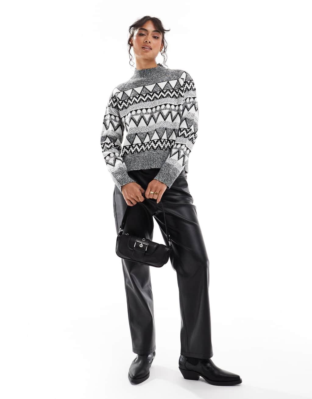 Brave Soul high neck fairisle sweater in black, gray and white  Product Image