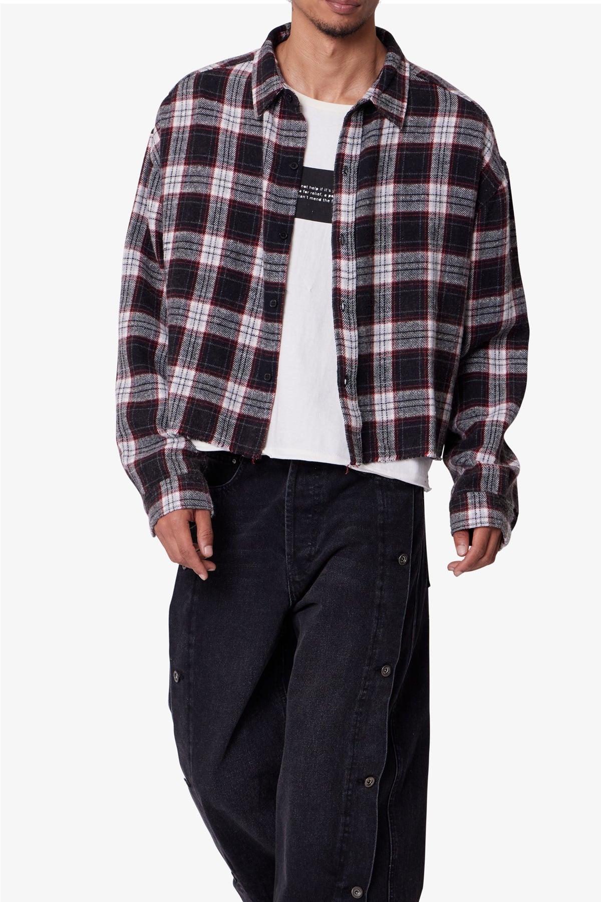 Washed Cropped Flannel Shirt - Black/White Product Image