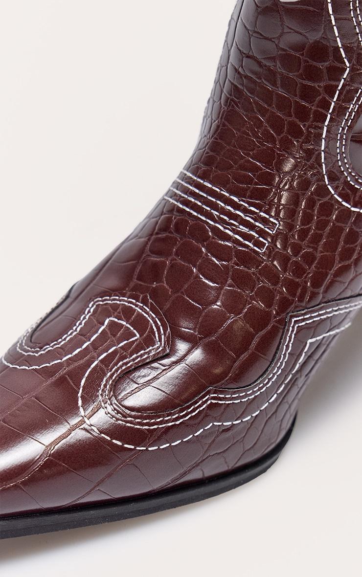 Burgundy Croc Pu Point Toe Western Stitch Knee High Block Heeled Boots Product Image
