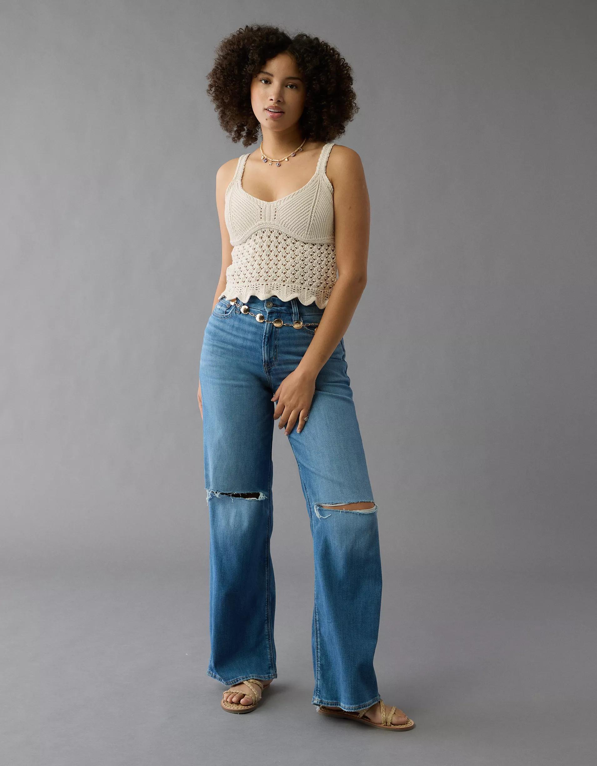 AE V-Neck Pointelle Scalloped Crochet Tank Top Product Image