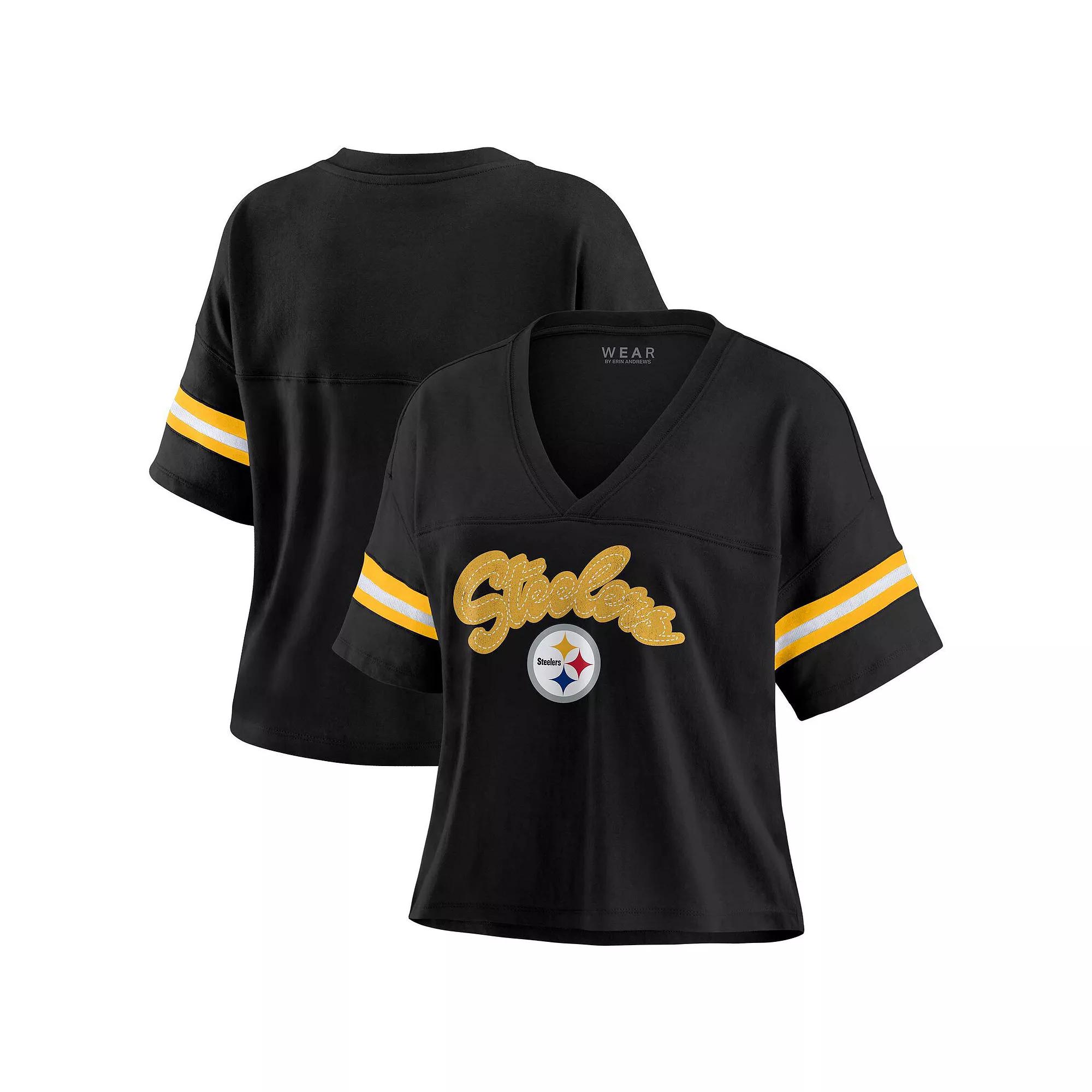 Womens WEAR by Erin Andrews Pittsburgh Steelers Plus Size Color Block Boxy V-Neck T-Shirt Product Image