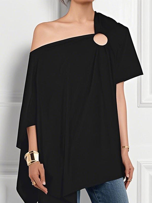 Loose Short Sleeves Asymmetric Hollow Solid Color One-Shoulder Blouses&Shirts Tops Product Image