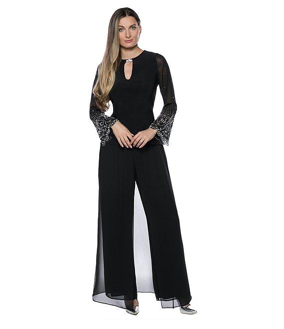 Marina Keyhole Rhinestone Neck Beaded Bell Long Sleeve Matte Jersey 2-Piece Pant Set Product Image