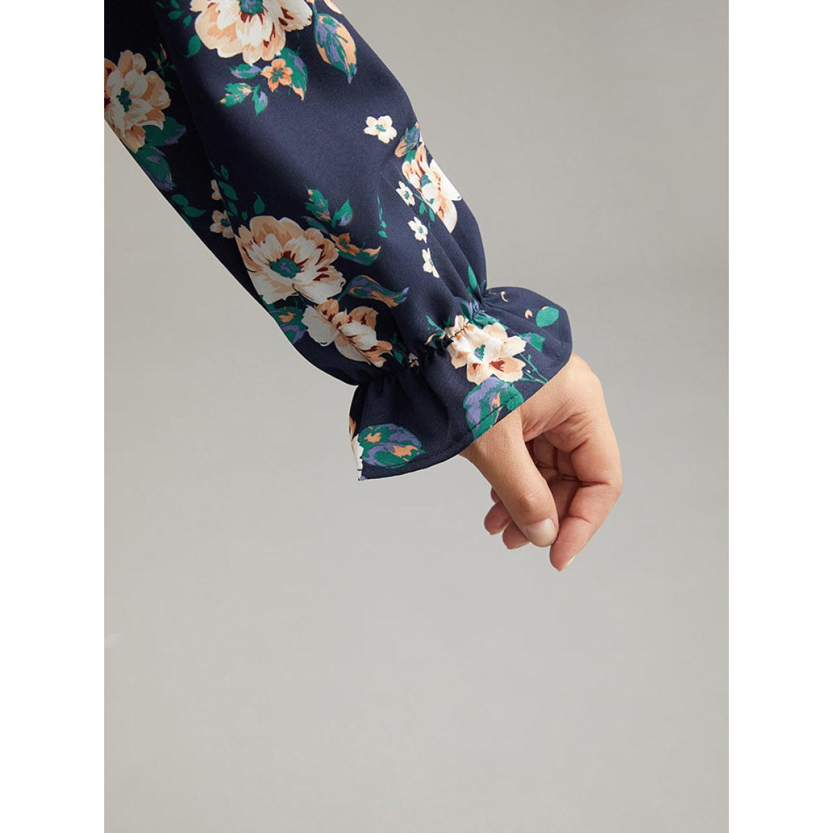 Plus Size Indigo Floral Square Neck Shirred Lantern Sleeve Blouse Women Elegant Long Sleeve Square Neck Dailywear Blouses BloomChic 28/5X Product Image