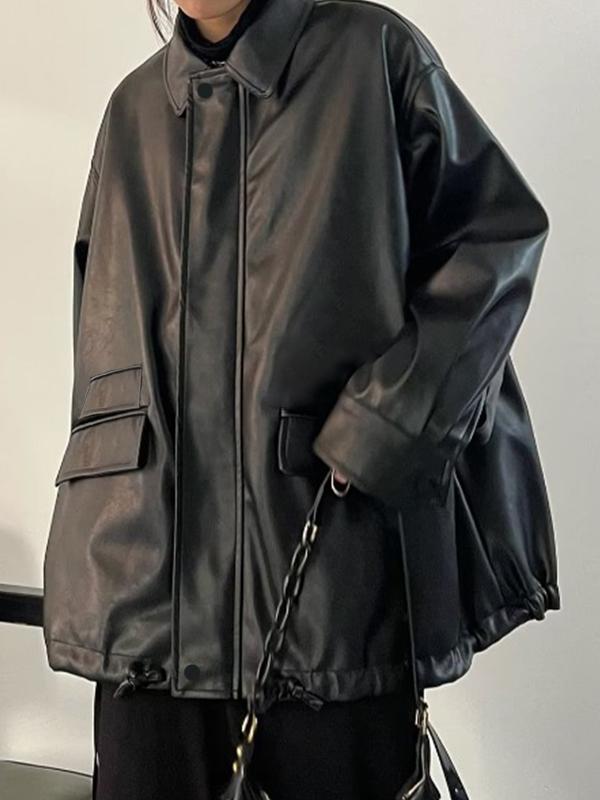 Oversized Black Faux Leather Jacket Product Image