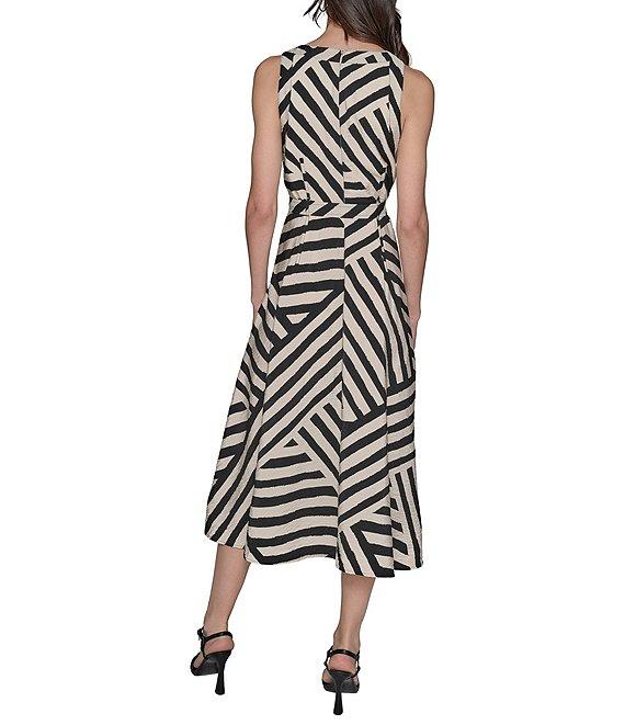 KARL LAGERFELD PARIS Printed Rumpled Rayon Blend Crew Neck Belted A-Line Midi Dress Product Image