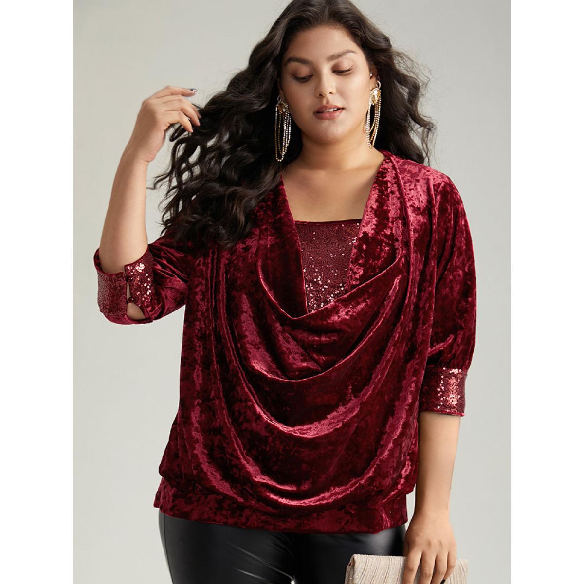 Plus Size Scarlet Cowl Neck 2-In-1 Sequin Patchwork Blouse Women Party&Cocktail Elbow-length sleeve Cowl Neck Party Blouses BloomChic 26/4X Product Image