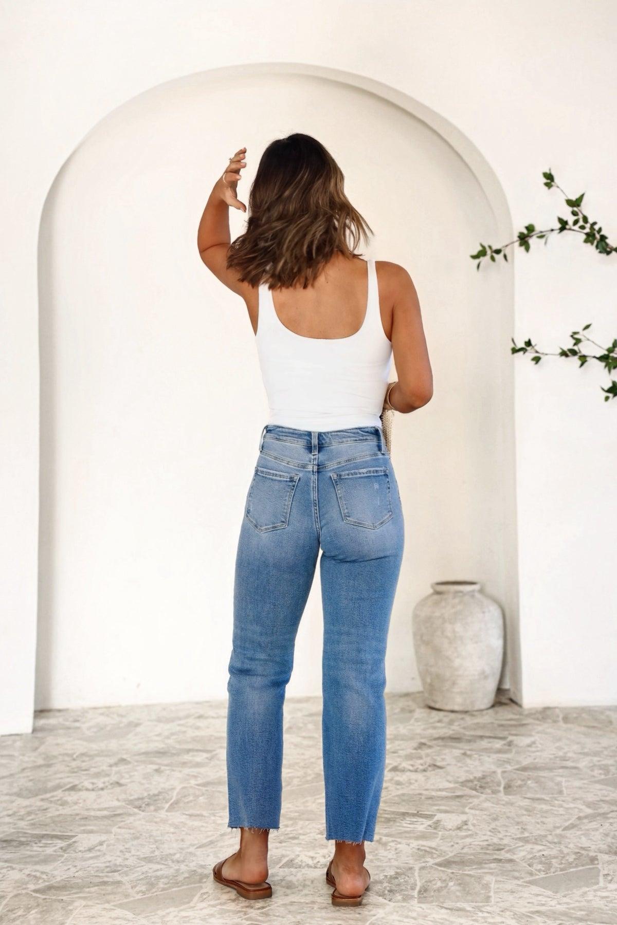 Light Wash Distressed Raw Hem Straight Leg Jeans - FINAL SALE Product Image