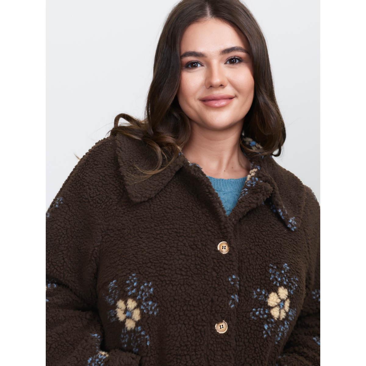 Plus Size Fluffy Floral Pattern Pocket Coat Women Multicolor Leisure Button Ladies Casual Winter Coats BloomChic 12/L Product Image