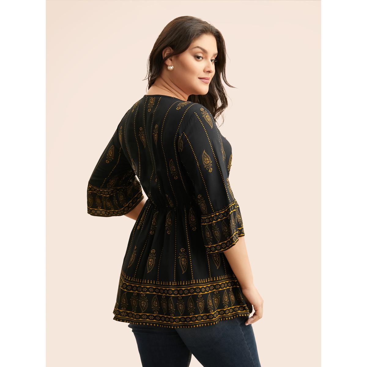 Plus Size Black Boho Print Lace Up Bell Sleeve Blouse Women Elegant Elbow-length sleeve V-neck Everyday Blouses BloomChic 14-16/1X Product Image