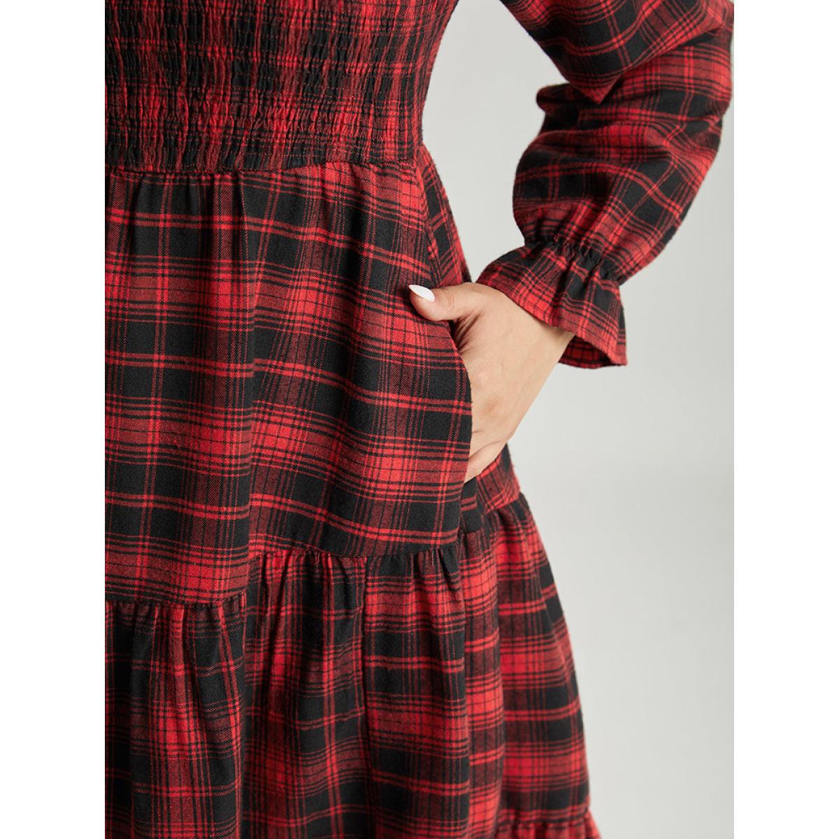 Plus Size Plaid Shirred Pocket Ruffle Trim Midi Dress Raspberry Women Elegant Gathered Square Neck Long Sleeve Curvy Midi Dress BloomChic 14-16/1X Product Image
