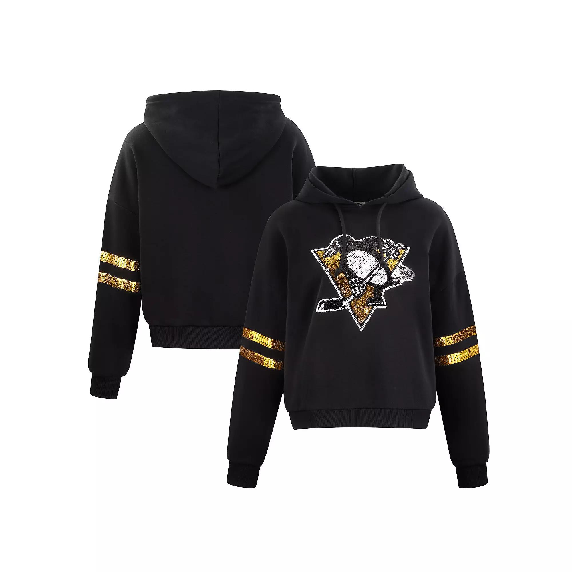 Women's Cuce Black Pittsburgh Penguins Sequin Cropped Pullover Hoodie, Size: Small Product Image