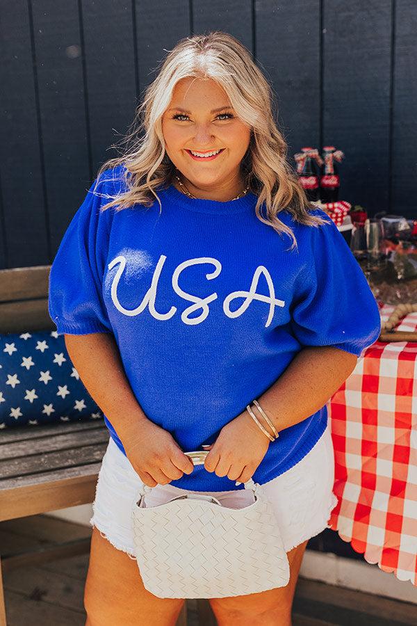 USA Knit Sweater Top in Royal Blue Curves Product Image