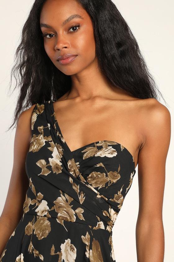 Fashionably Refined Black Floral Print One-Shoulder Maxi Dress Product Image