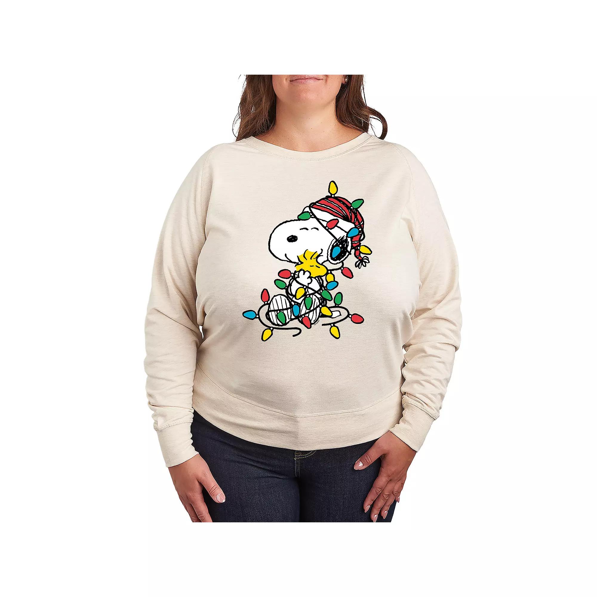 Women's Peanuts Snoopy & Woodstock Christmas Lights French Terry Long Sleeve Tee,  Product Image
