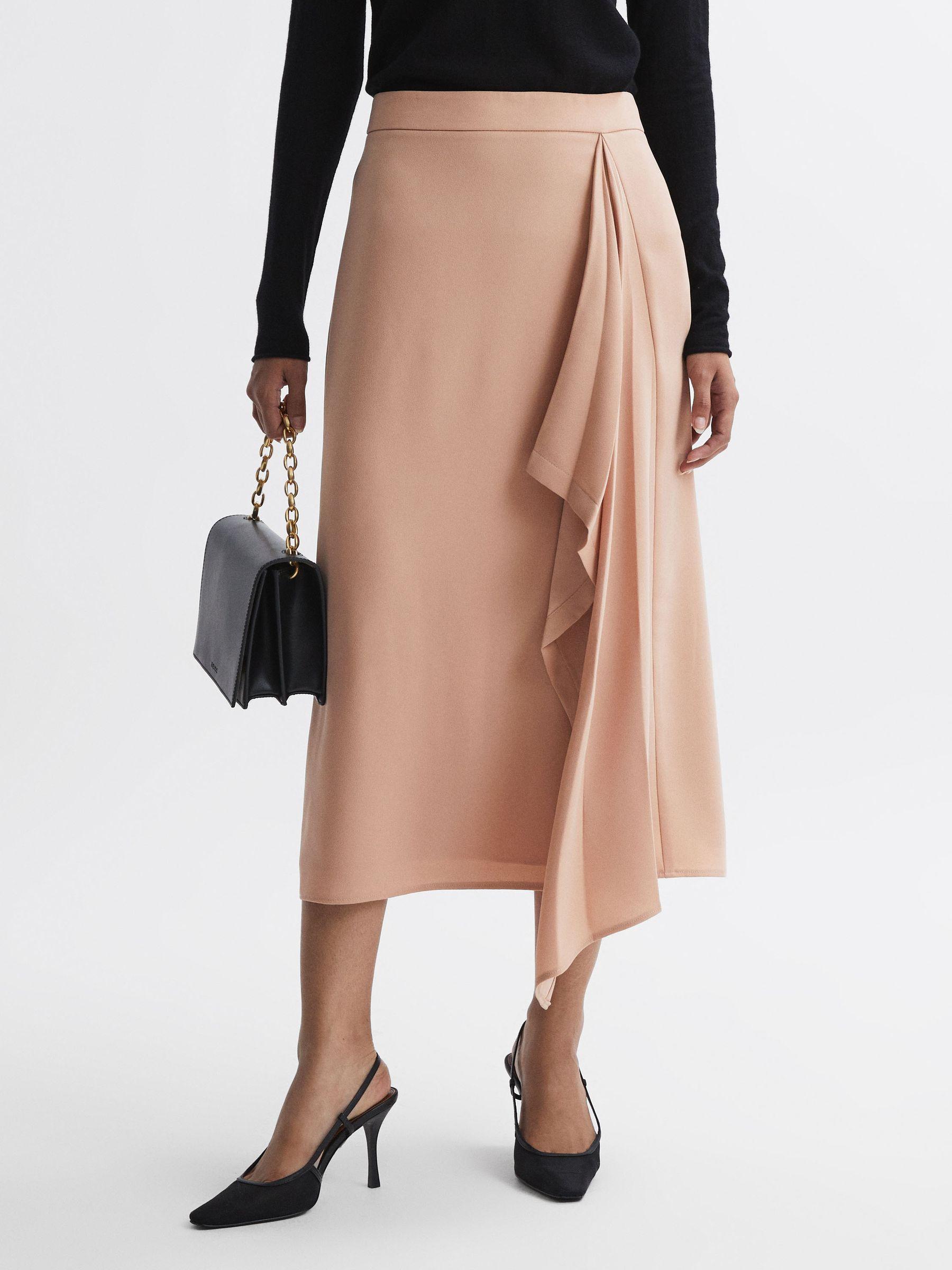 High Rise Ruffle Midi Skirt in Camel Product Image