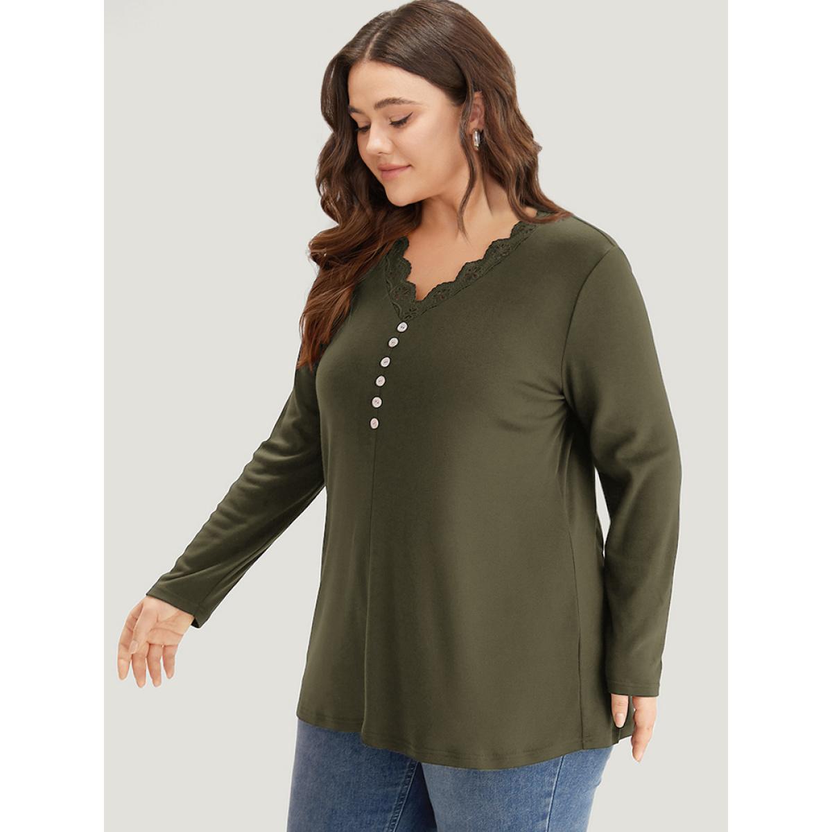 Plus Size Guipure Lace Patchwork V Neck Button Detail T-shirt ArmyGreen Women Elegant Printed Plain V-neck Dailywear T-shirts BloomChic 10/M Product Image